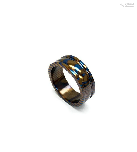 Men's Double Grooved Timascus Titanium Ring