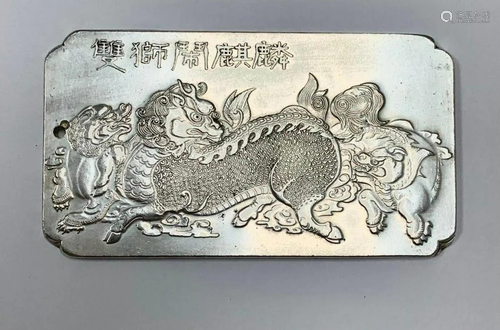 Asian Tibetan Silver Leg Lifted Foo Dog Amulet Bar With Duck...