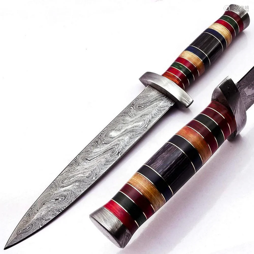 Exotic Inlaid Handle Damascus Spear Point Hunting Knife With...