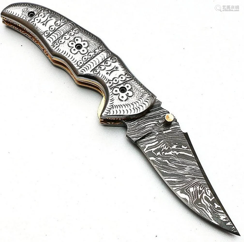 Brass & Damascus Steel Handled Flip Knife With Damascus ...