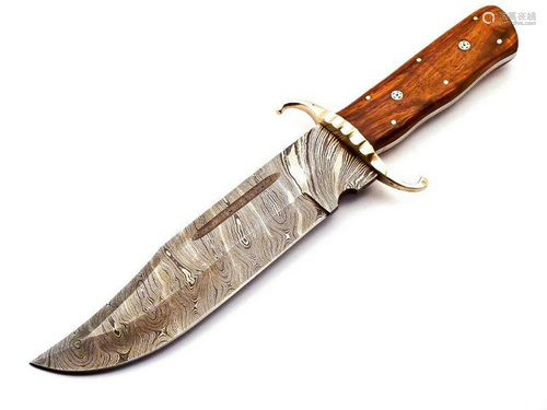 Brass "S Guard" Wood Handled Damascus Bowie Huntin...