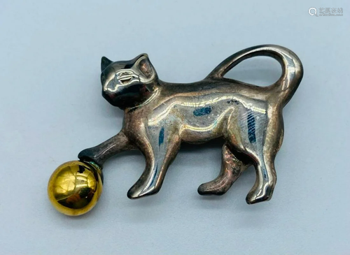 Vintage Tibetan Silver & Gold Tone Cat Brooch