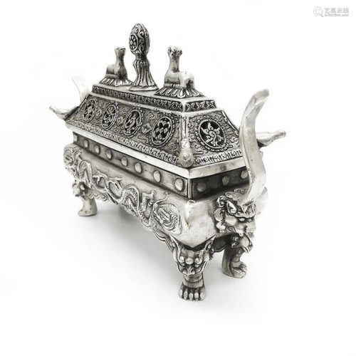 2 Piece Tibetan Silver Dragon & Foo Dog Incense Burner