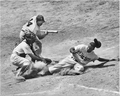 Jackie Robinson for the Dodgers Sliding into Home Plate Wall...