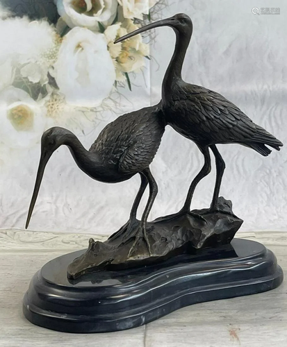 Original Signed Two Wildlife Crane Cranes Pond Garden Bronze...