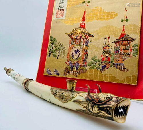 Hand Made Scrimshaw Asian Decorated Bone Ceremonial Pipe