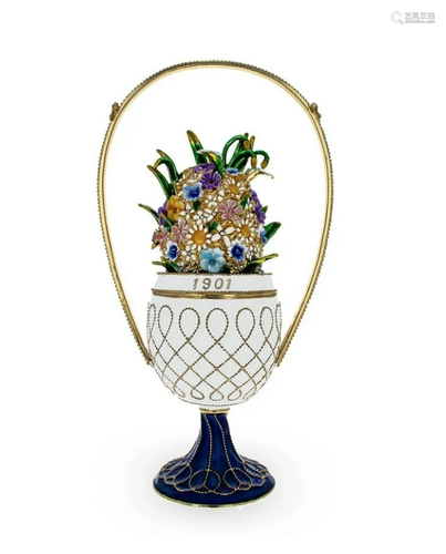 1901 Royal White Basket of Flowers Russian Inspired Egg