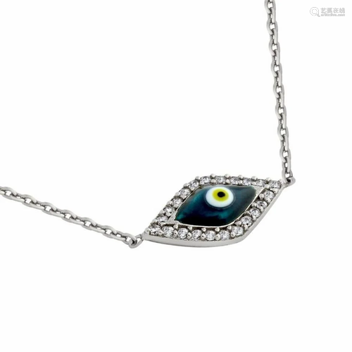 RHODIUM PLATED AUSTRIAN CRYSTAL EYE NECKLACE WITH DARK BLUE ...