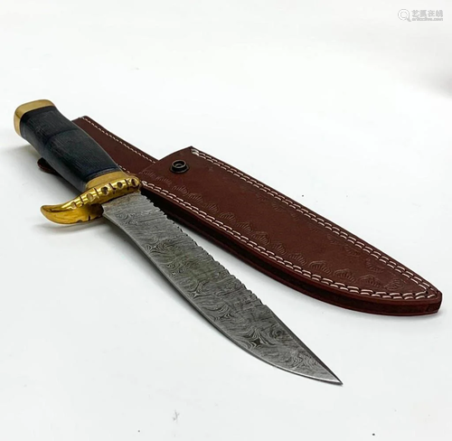 11 1/2" Inlaid Wood & Brass Handle Damascus Hunting