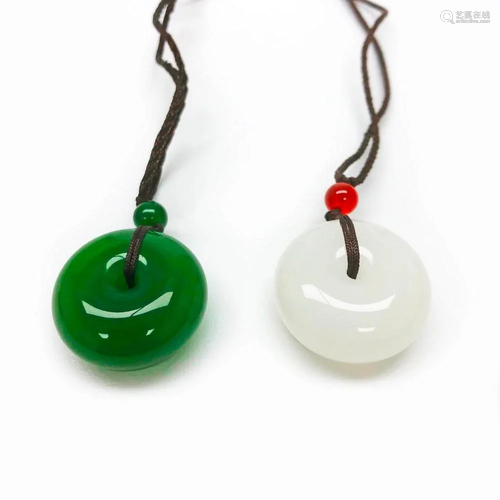 Pair Of Asian White & Green Jade Carved Pendants