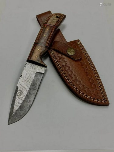 8 1/2" Inlaid Wood Handle Damascus Hunting Knife With