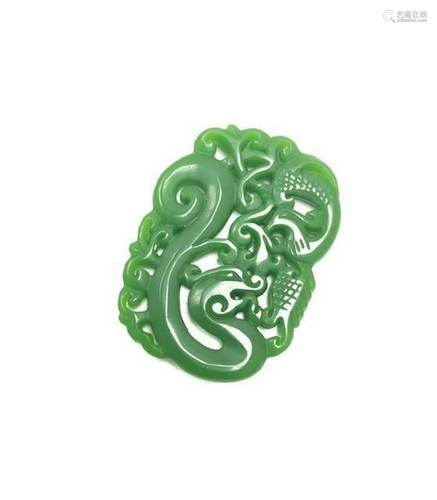 Carved Asian Green Jade Dragon Medallion Necklace