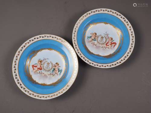 A pair of 19th century Sevres Chateau Fontainebleau soup pla...