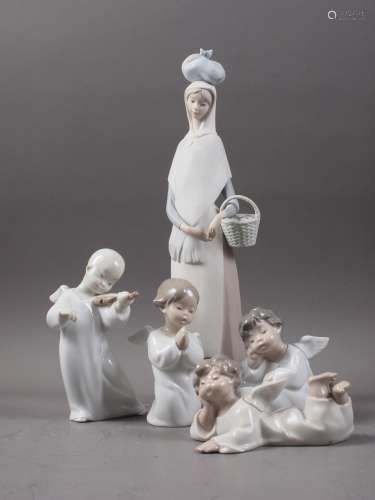 A Lladro figure, Going to Market, 14 high, and four cherubs