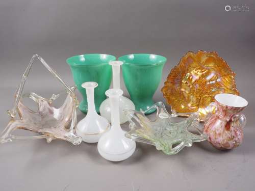 A Murano glass shallow bowl, a similar basket, a carnival gl...