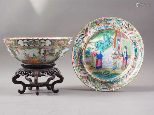 A Canton famille verte enamel bowl with figure decorated pan...