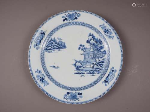 A Chinese blue and white export charger with landscape decor...