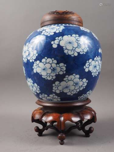 A 19th century Chinese blue and white prunus decorated ginge...