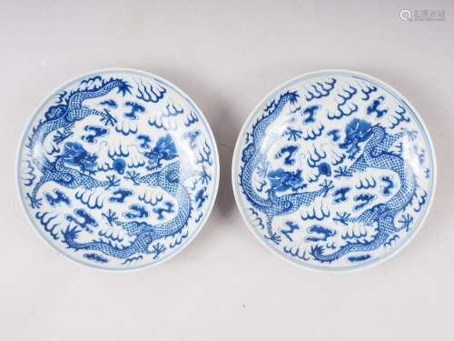 A pair of Chinese porcelain blue and white dishes, decorated...