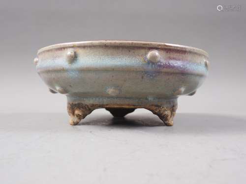 A Chinese Jun style dish, on three supports, 7 dia x 7 high
