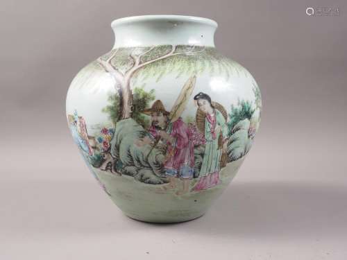 A Chinese Republic bulbous vase, decorated figures in a land...