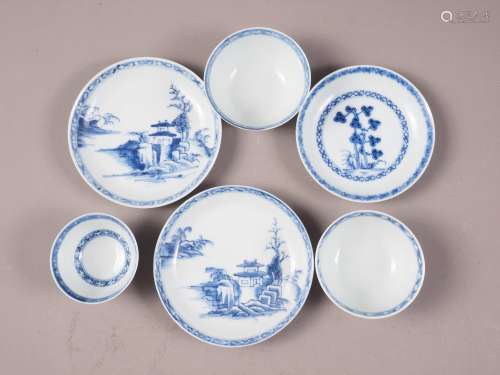 Three Nanking cargo tea bowls and saucers with blue and whit...