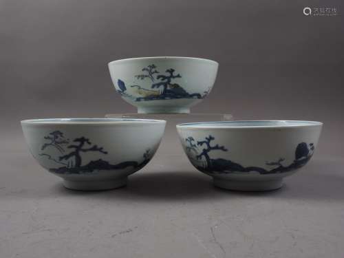 Three Nanking cargo bowls with blue and white landscape deco...