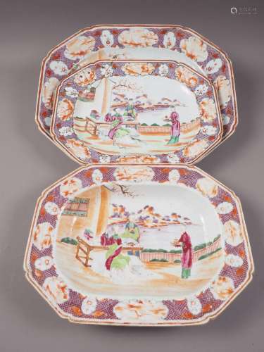 A Chinese export famille rose decorated octagonal meat plate...