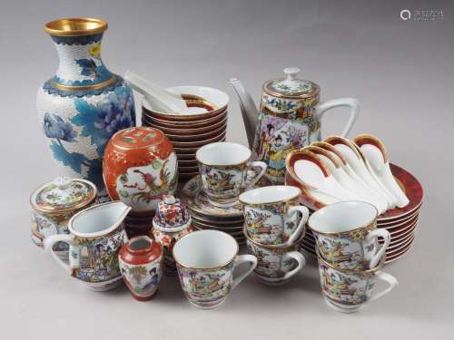 A Chinese figure decorated part coffee service, a cloisonne ...