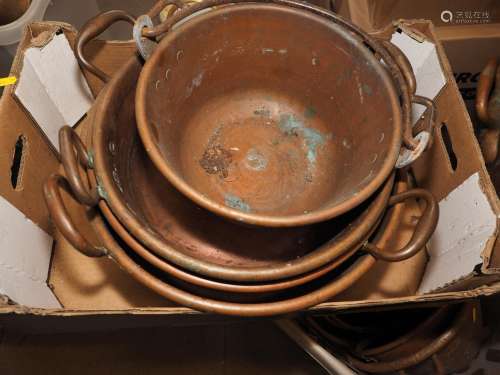 Three copper two-handled preserve pans and a swing handle pr...