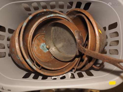 A copper saucepan, five copper round bottomed pans and other...