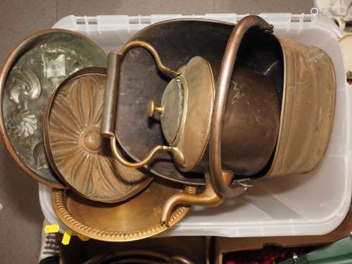 Two copper jelly moulds, one other copper mould, two asparag...