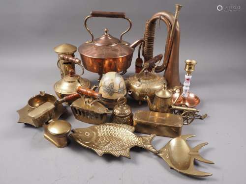 A brass and copper bugle, a copper kettle, two brass teapots...