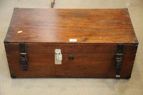 A craftsmans metal bound travelling tool chest with part fit...