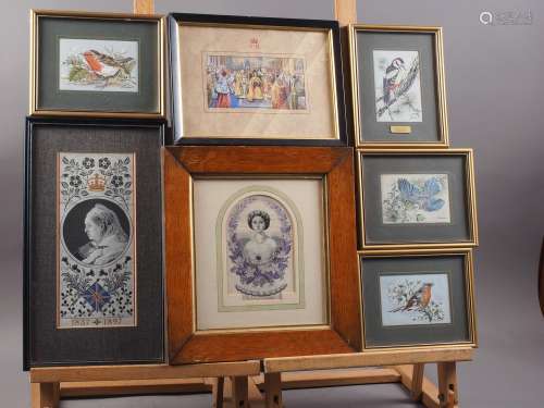 A number of silk embroidered pictures, birds, royalty, etc