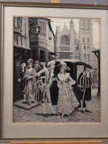 A Perez: a silk embroidered picture, street scene with sedan...
