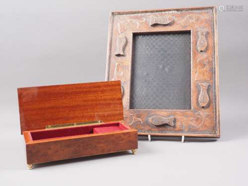 An Italian marquetry music box and a carved wood and painted...