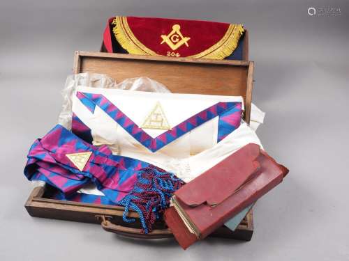 Two cased Masonic aprons, a Masonic jewel, and a cased set o...