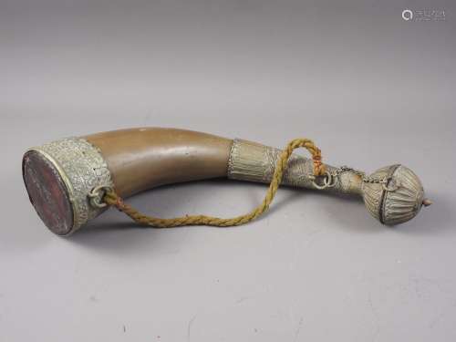 A modern Tibetan? brass mounted drinking horn, 22 long