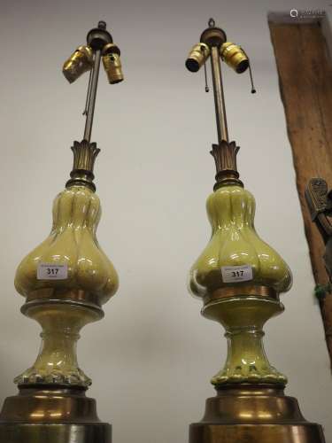 A pair of Continental brass and glass baluster table lamps a...