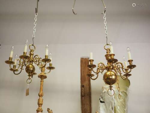 A gilt metal six-light chandelier, 22 1/2 high overall, and ...