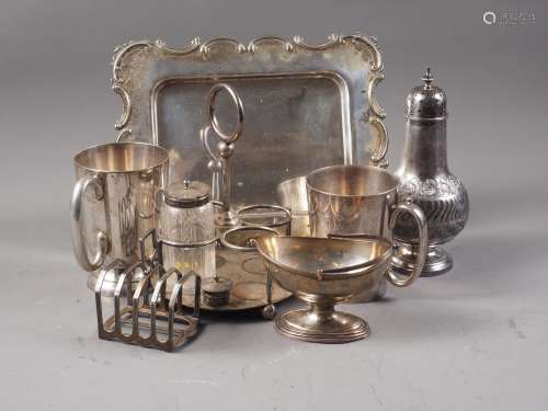 A rectangular silver plated tray, two plated pint mugs, a pl...