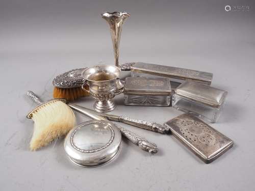 A silver crumb brush, a silver toilet pot cover, three silve...