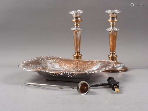 A pair of silver plate on copper candlesticks, 8 1/2 high, a...