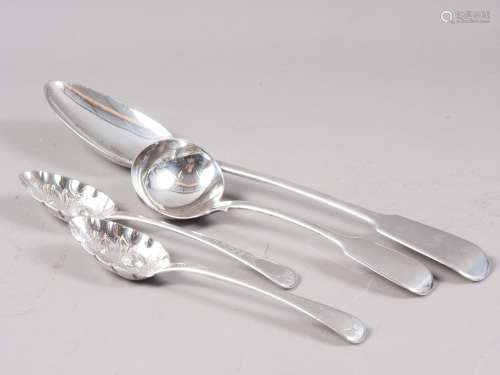 A silver basting spoon, a silver sauce ladle and a pair of s...