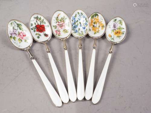 A set of six silver and floral enamelled demitasse coffee sp...