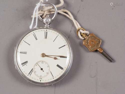 A silver cased open faced pocket watch with white enamel dia...