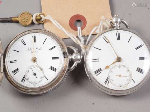 A silver cased full hunter pocket watch with white enamel di...