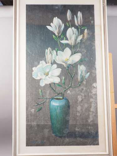 Tretchikoff: a print, Pink Magnolia, in white and grey strip...