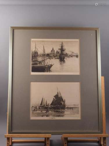 E A Eldred: a pair of etchings, Shipping off Venice and Fish...